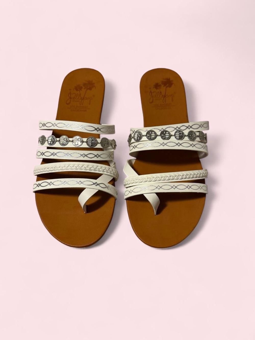 Jellypop White Multi‑Strap Slide Sandals with Silver Coin Accents